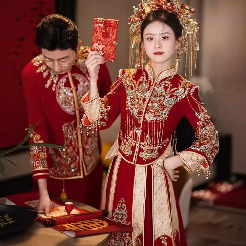 

Китайский традиционный свадебный наряд невесты 2025 года, бархатное свадебное платье для осени и зимы, свадебное платье, помолвочное платье