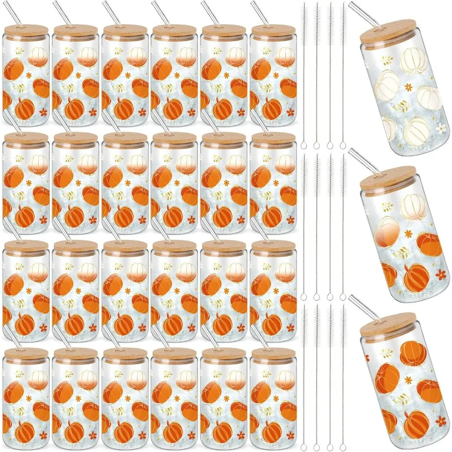 24 قطعة أكواب زجاجية لخريف اليقطين السائبة 16 أونصة تغيير لون الخريف اليقطين أكواب للشرب مع أغطية القش فرش مضحك الخريف تو #1