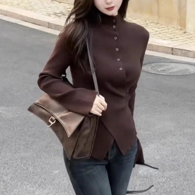 Autumn Winter New Fashion Half High Collar Long Sleeve Solid Color T-Shirt Women\'s Clothing Patchwork Button Irregular Chic Tops