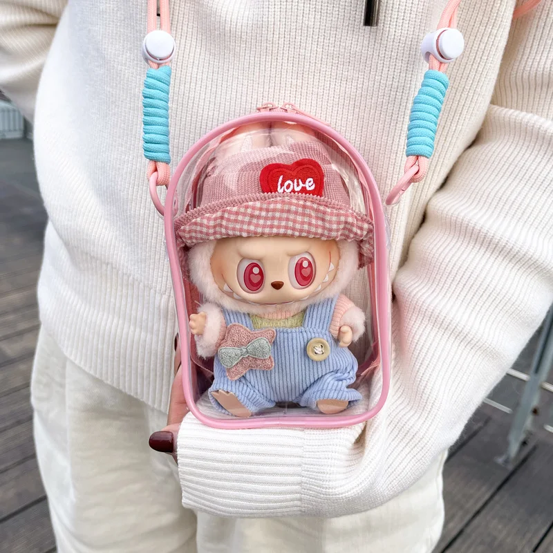 For Labubu Display Bag15cm Cotton Doll Crossbody Protective Bag Pvc Storage Bag Labubu Baby Walk Bag Dust-Proof Display Bag Cute