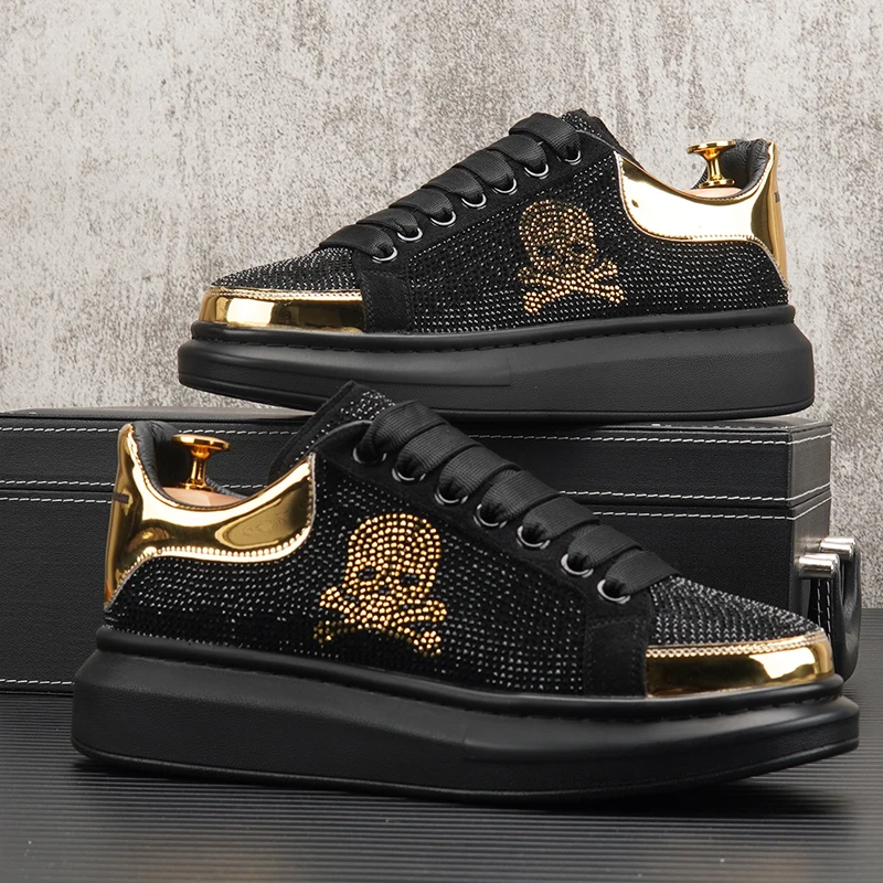 

Luxury Design Diamond Men's Shoes Street Style Personalized Skull Casual Sneakers Breathable Men's Thick-soled Board Shoes