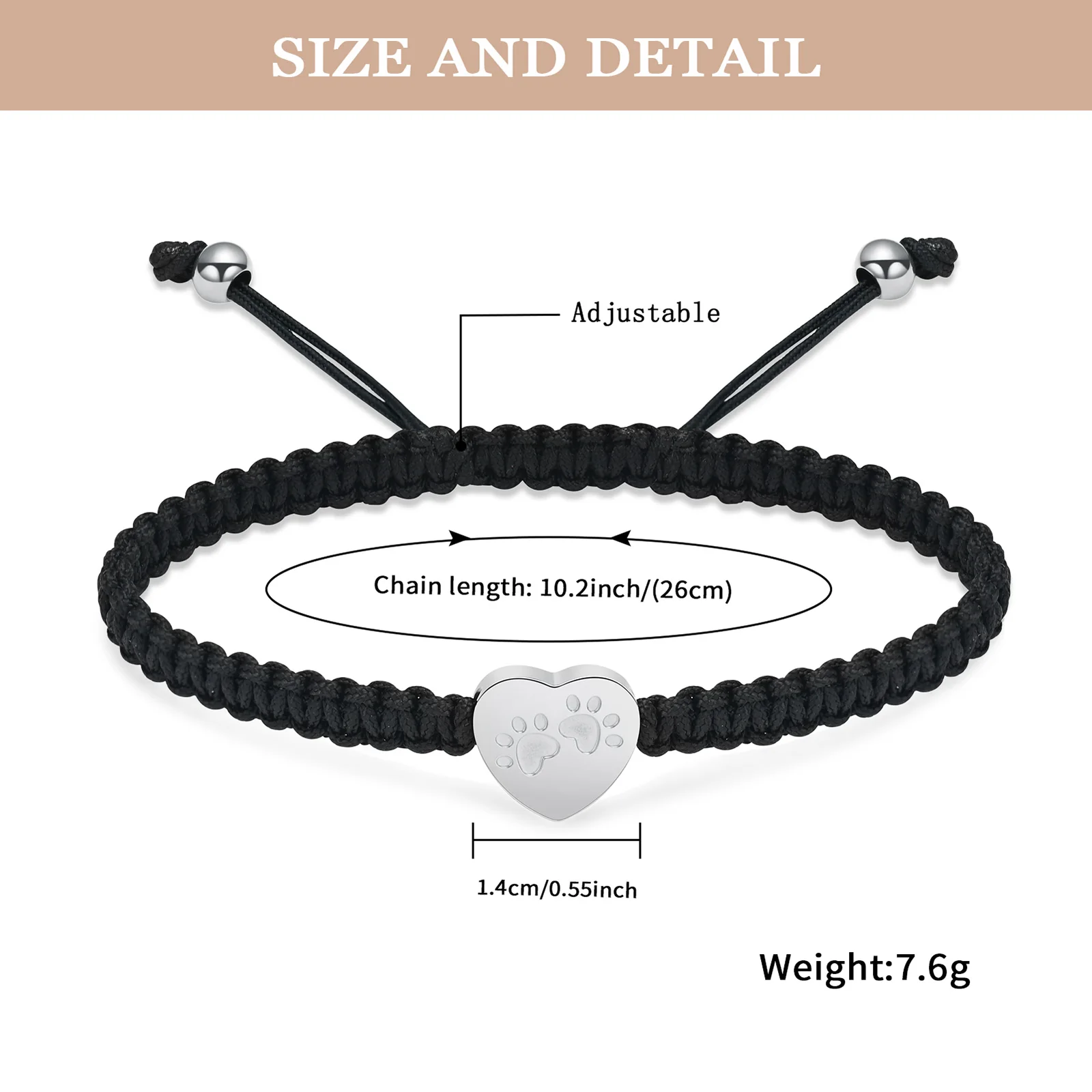 Heart Cremation Urn Bracelet for Ashes Paw Print Keepsake Jewelry Adjustable Braided Wristband Bangle Pet Dog Cat Memorial Gift