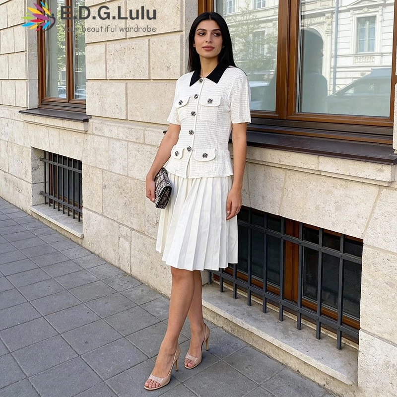 EDGLuLu Single Breasted Short Sleeved Women's Casual Dresses Turn-Down Collar Color Blocking Patchwork Mini Pleated Dresses 0420