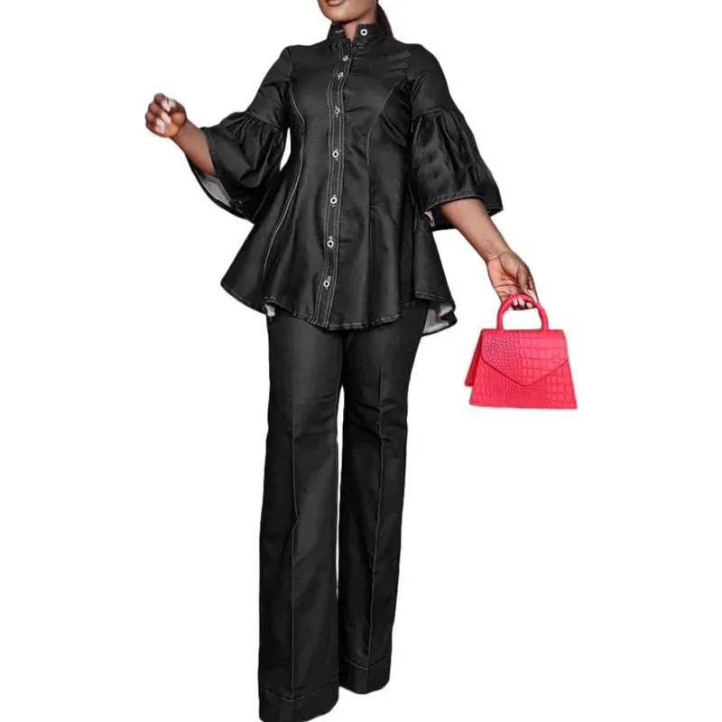 Two Piece Set Women 2025 Autumn Elegant Blouse Turtleneck Single Breasted Butterfly Sleeve Top Straight Pants Suit Casual Outfit