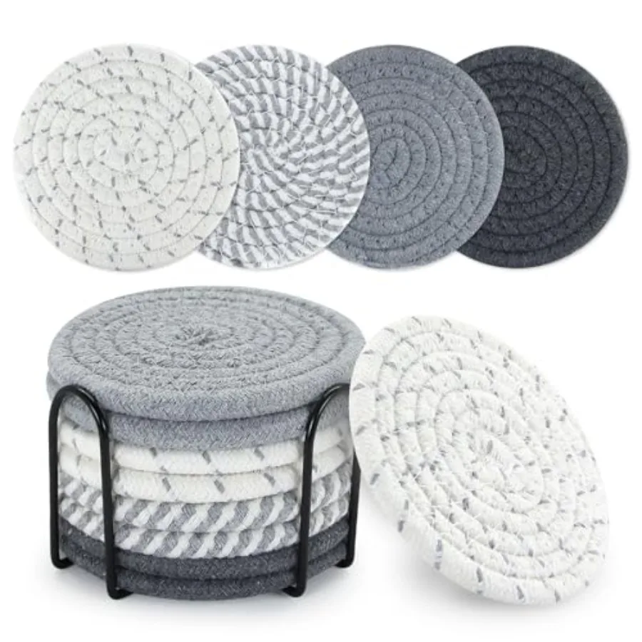 

8PCS Drink Coasters with Holder, Absorbent Woven Cotton Coaster Set for Table Decor for Kitchen, Dining Room, Living Room, Tabl