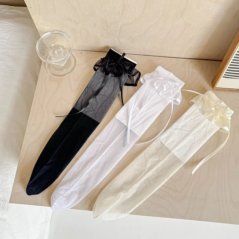 New Ultra-thin Transparent Women silky Stocking Japense Style Sweet Girls Nylon Long Socks Ribbon Bow Elastic Ruffle Calf Socks