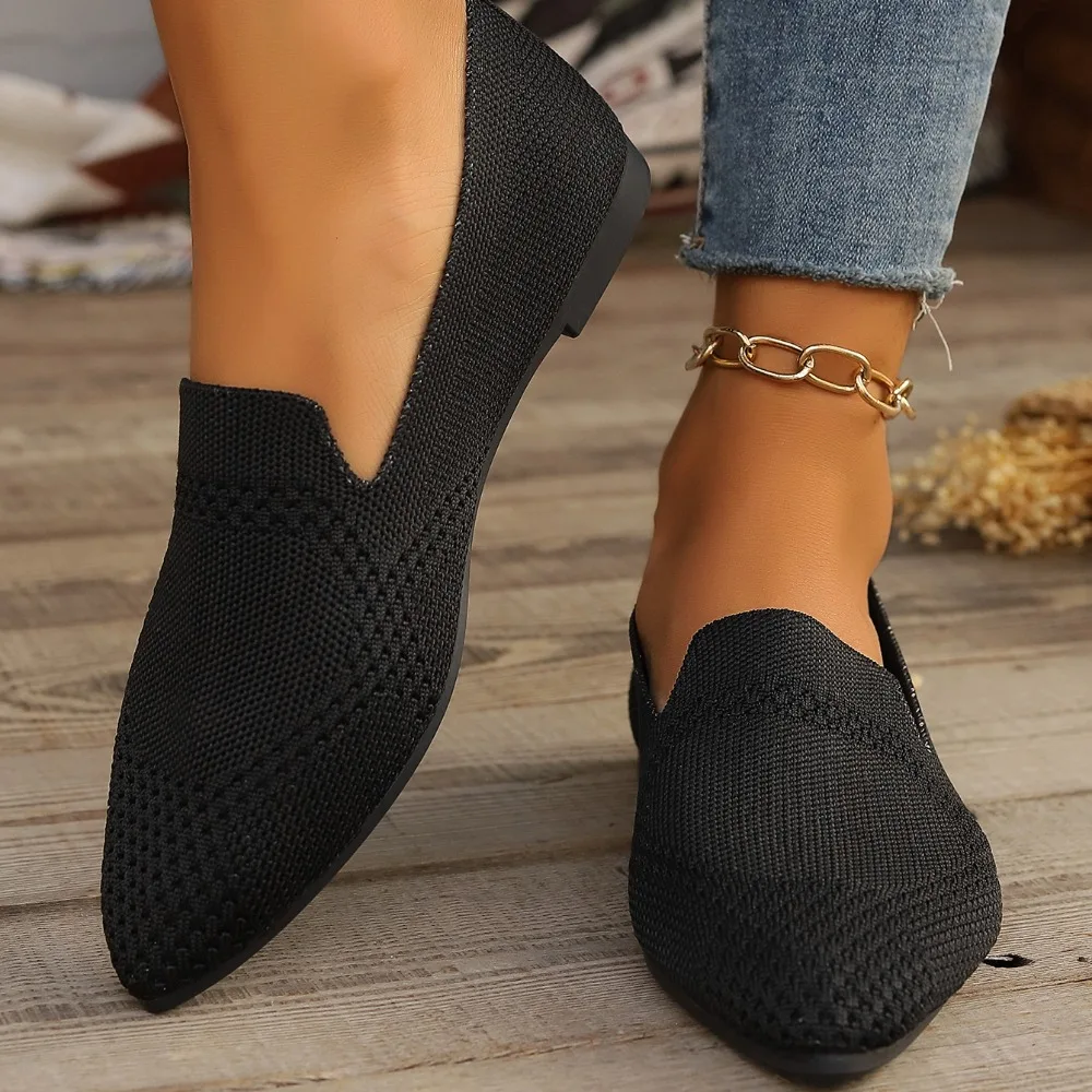 

Туфли женские с острым носком, однотонные вязаные, без застежки, дышащие балетки, плоская подошва, лоферы, повседневная обувь
