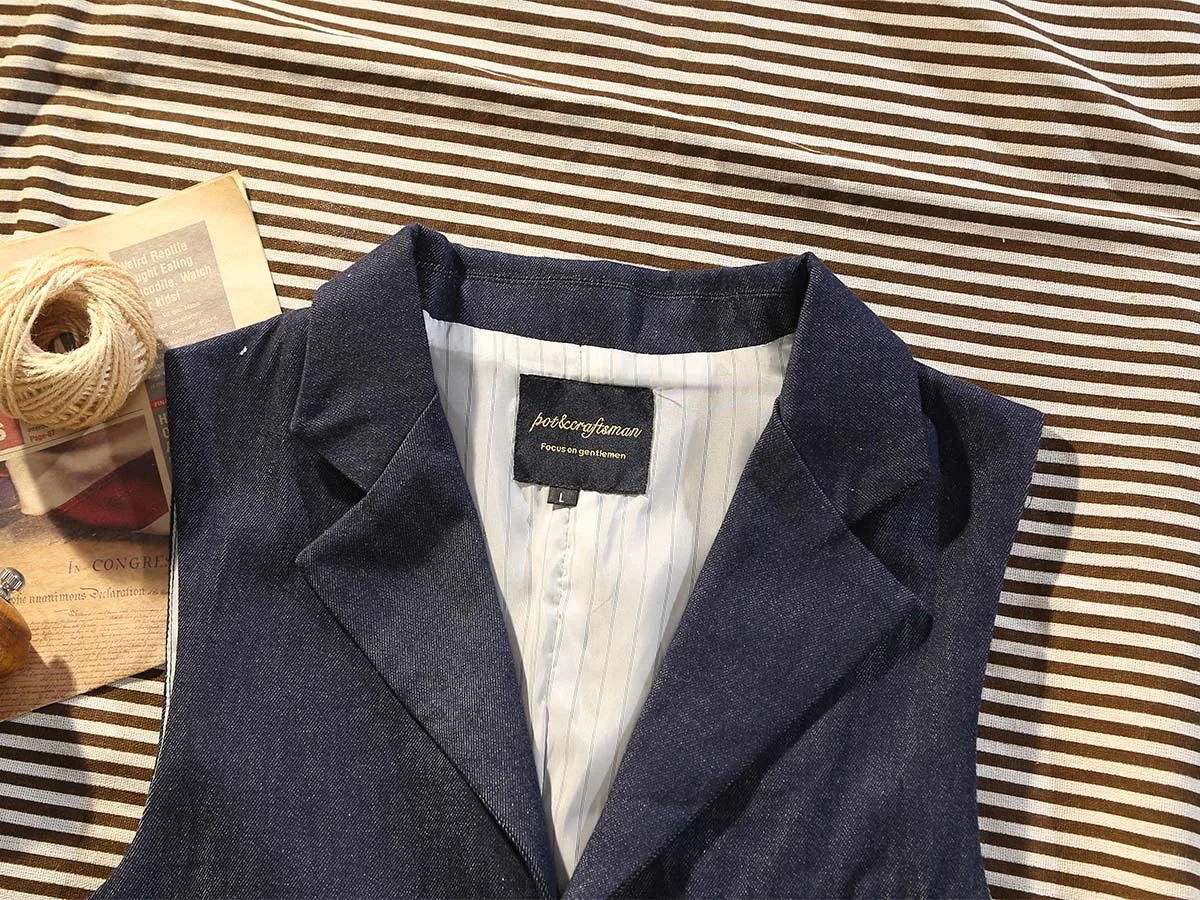 POT&CRAFTSMAN American casual Amei Kaiqi washed blue denim vest men's vintage gentleman jacket Paris buckle undershirt