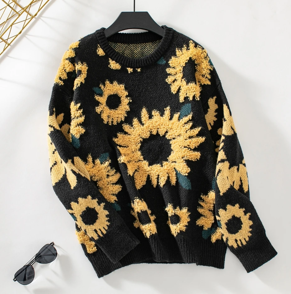 Vintage perezoso Casual otoño mujer suéter Top bordado de girasol estampado cuello redondo manga larga Jersey suelto suéter de punto