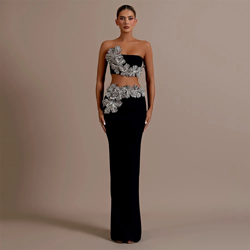 

Top Quality Shinning Crystal Women Sexy Strapless Tops 2 Pieces Bodycon Bandage Long Dress Celebrate Elegant Evening Wear