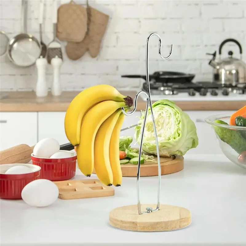

AB11-Banana Stand Banana Hooks Stackable Organizer With Wooden Base & Stainless Steel Hook For Pantry Dining Cabinet Tabletop