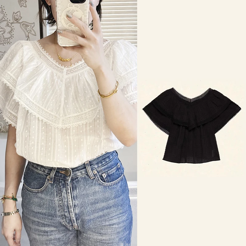 

Нежная двухслойная кружевная блузка с оборками и вышивкой в горошек, свободного кроя, для женщин, весна-лето 2026