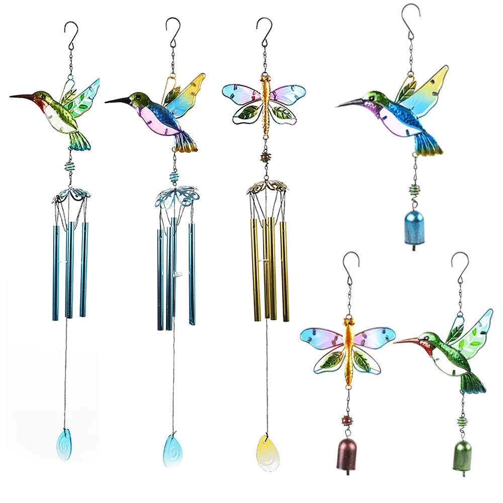 Wind Chime Hummingbirds Dragonflies Metal Glass Painted Crafts Hanging Pendants Bell Aluminum Pipe Home Courtyard Hanging Decors