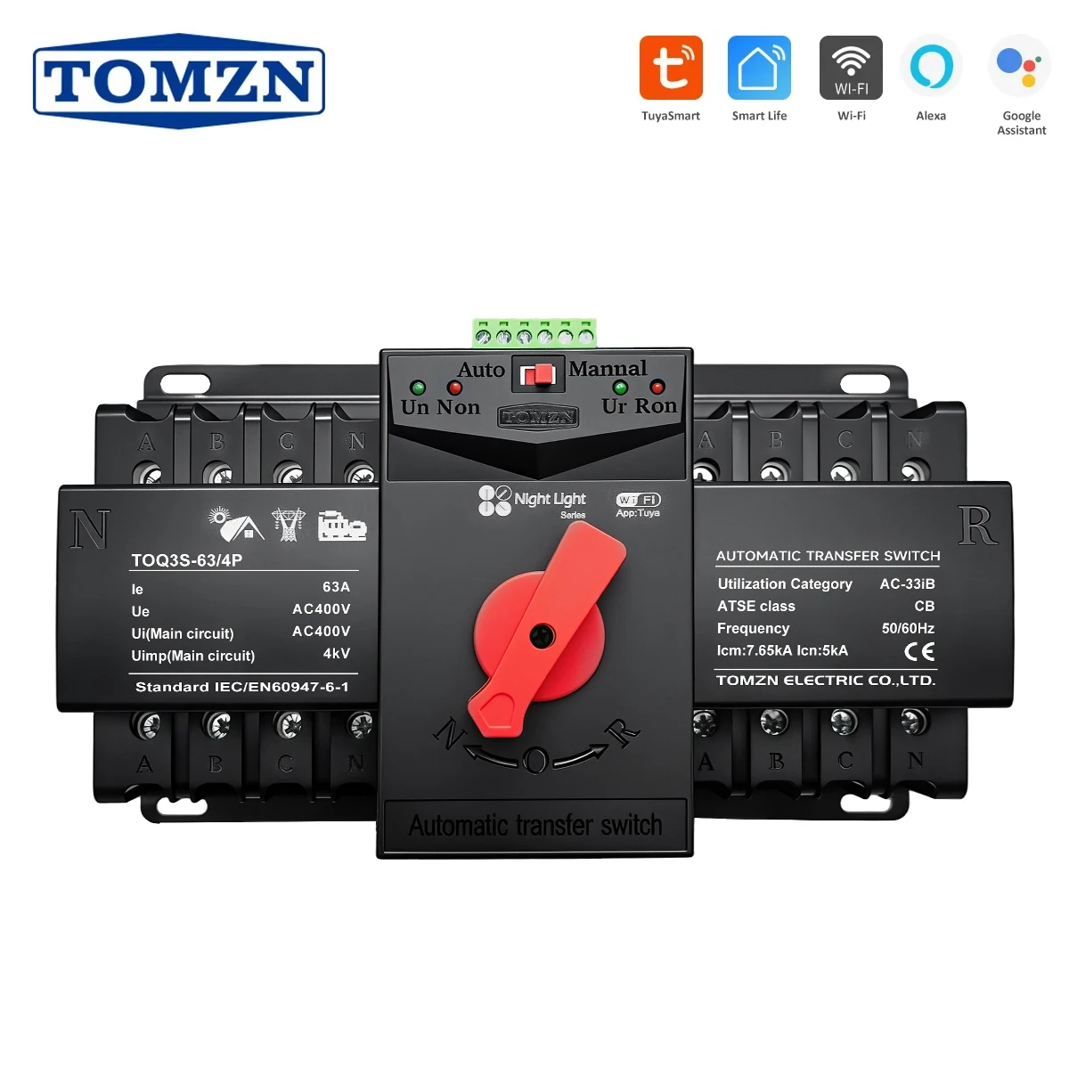 TOMZN Tuya WIFI Smart ATS 4P 63A Dual Power Automatic Transfer Switch AC220V 230V 50/60Hz MCB Type Generator Overload Protection