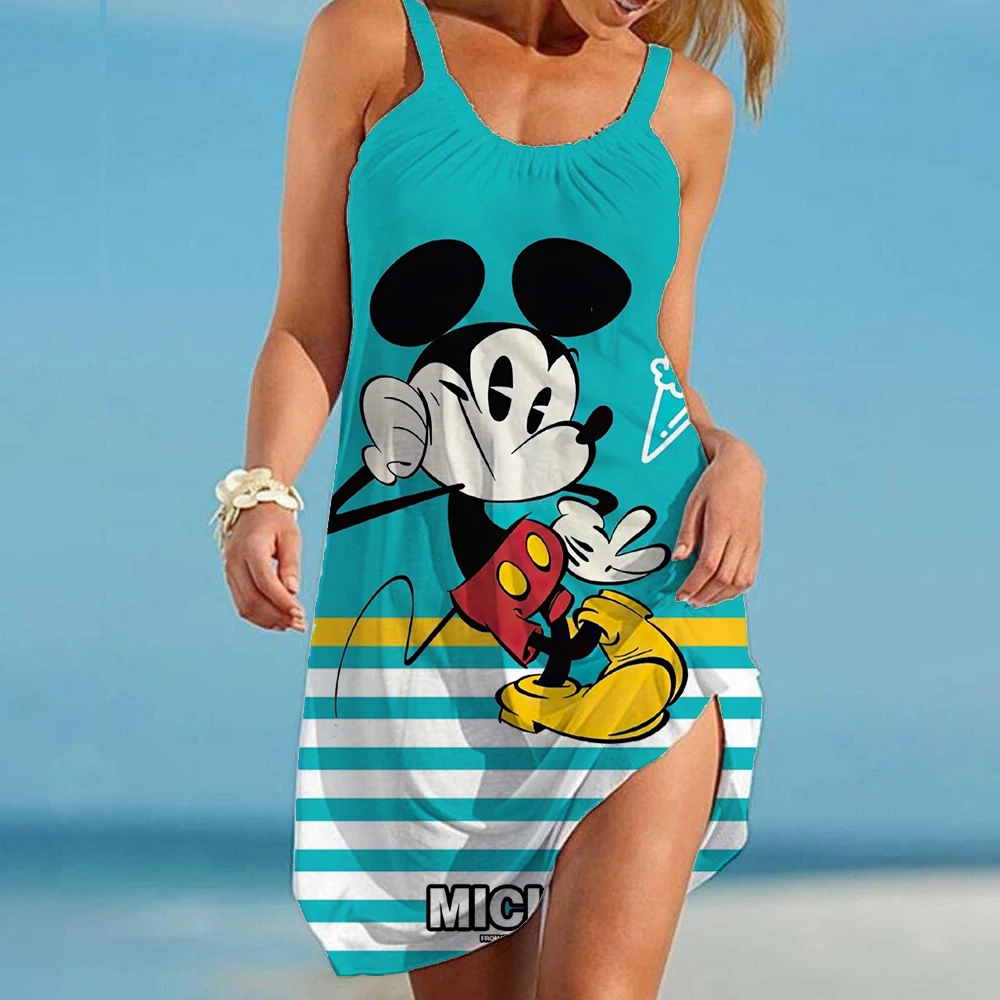 Disney Mickey Minnie Summer 3D Print Cartoon Dresses For Women 2024 Backless Women\'s Beach Dress Cute Sexy Loose Sling Beach