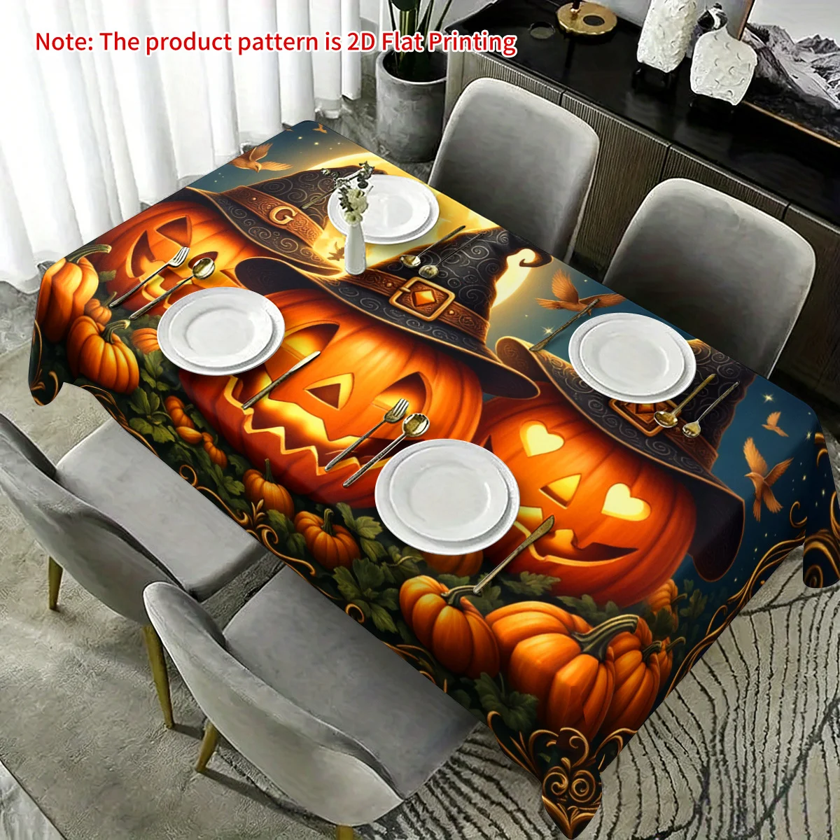 2D planar / 1pc rectangular polyester tablecloth, featuring pumpkin full moon flying patternzyc