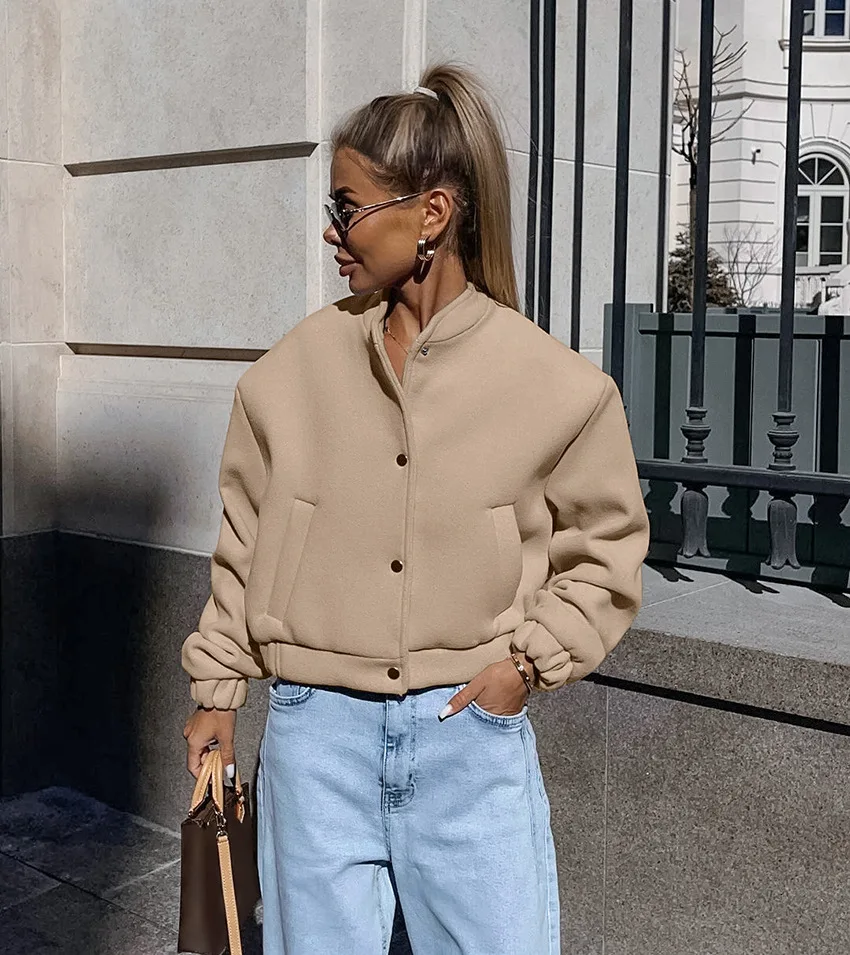 Autumn winter Bomber jacket fashion khaki thick standing collar woolen coat  European Single Breasted Long Sleeve Coat Women