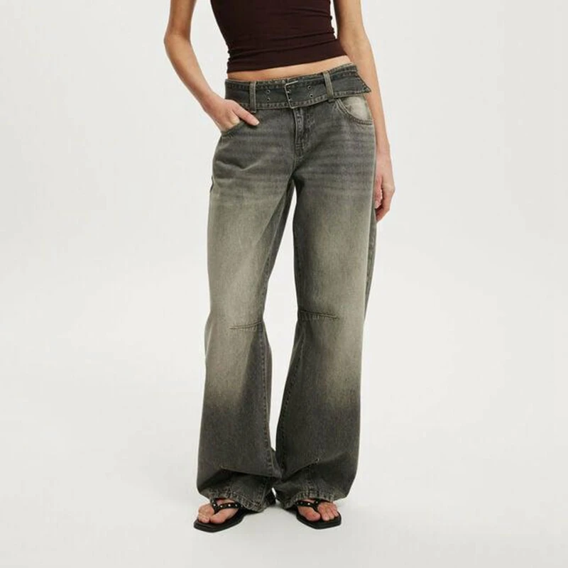 Damskie jeansy typu barrel z paskiem w stylu Y2K vintage, modne, codzienne, z gradientem kolorów, z niskim stanem, luźne, długie spodnie dżinsowe z kieszeniami.