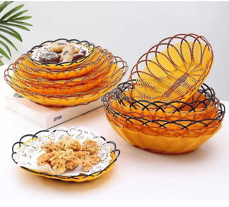 2 أحجام الروطان سلة خبز مستديرة المنسوجة يدويا صينية الشاي طبق تقديم الطعام لحفلات العشاء القهوة الإفطار ديكور المنزل سلة