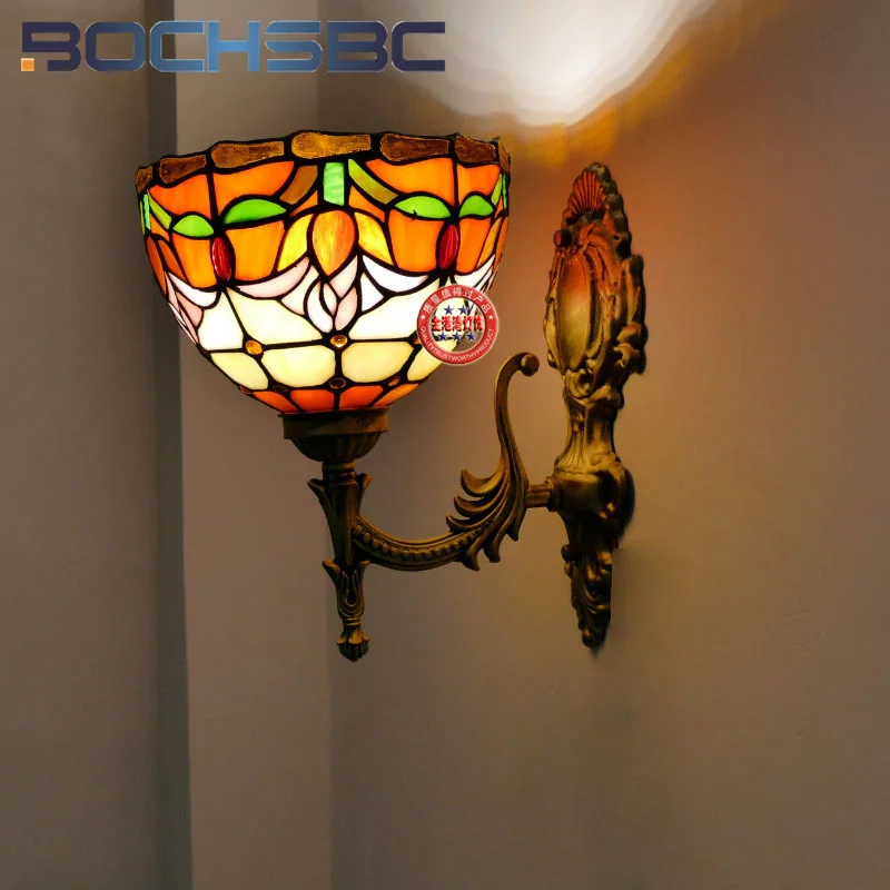 BOCHSBC Tiffany style stained glass retro tulip wall lamp for bedroom bedside lamp living room balcony aisle light LED decor