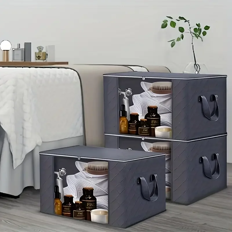 

3pcs Large Capacity Foldable Fabric Storage Bins Clothes, Pillows, Quilts Perfect for Home, Bedroom, Dorm, Grey Woven Material