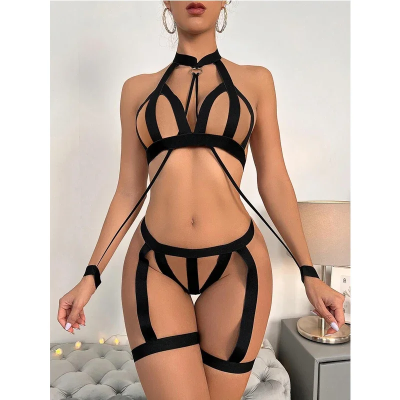 

Hot Sale Sexy Lingerie Dropshipping Women's Bundled Underwear Cut-out Perspective Lace Handcuff Porn Shackle Lenceria Para Mujer