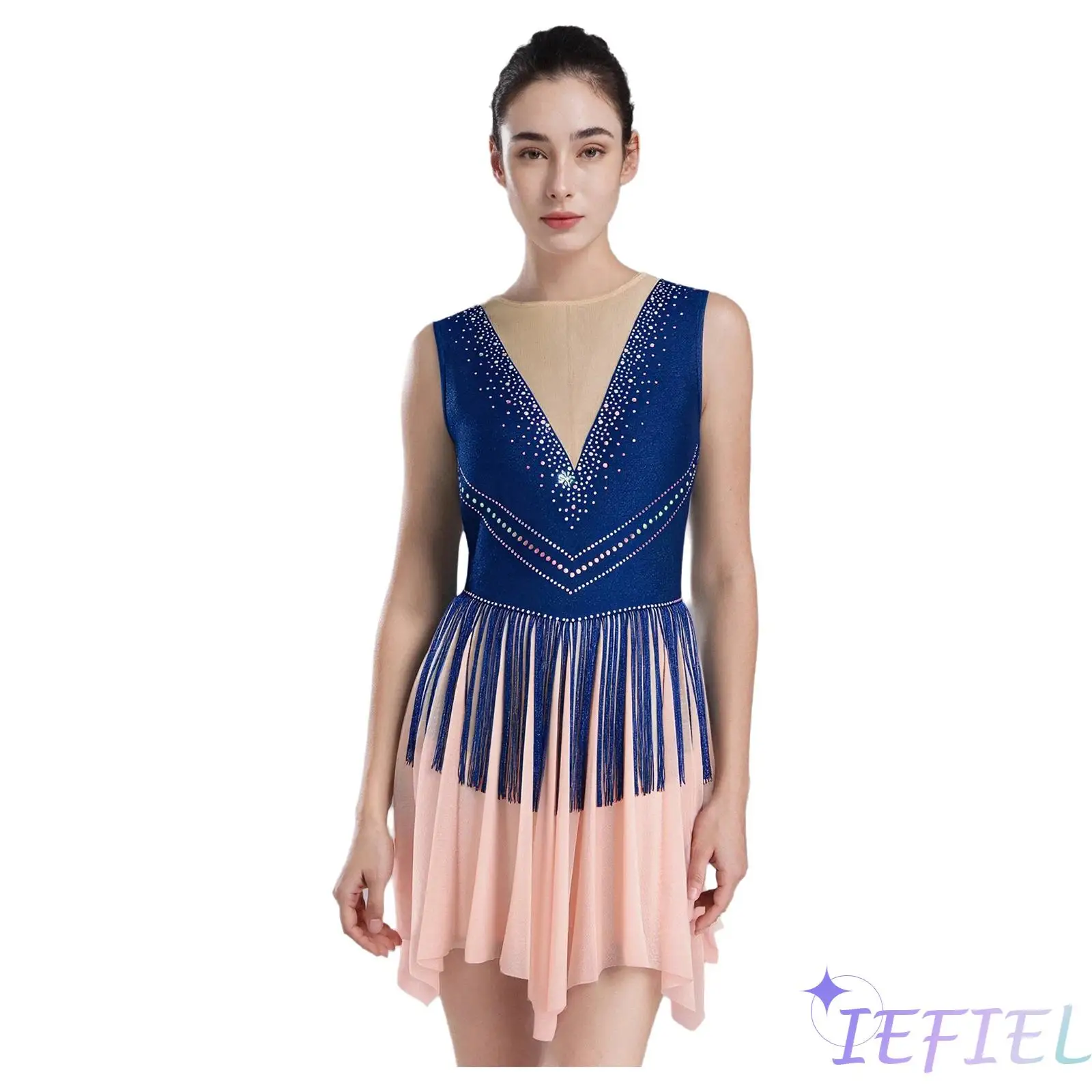 

Womens Figure Skating Dress Rhinestones Tassel Sleeveless Contrast Color Mesh Leotard Dress Ballet Latin Rhythmic Dance Dress