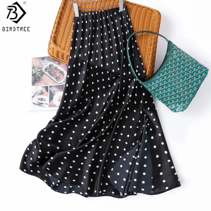 

Birdtree, 93% Silk 7% Spandex Skirt, Bias-cut, Women Plain Satin Dot Print Slit Skirts, Elastic Waist, 2026 Summer New D64837JF