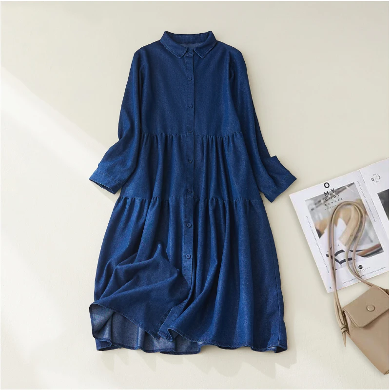 Waed Denim irt Dr Colletto Lungo Sve Sciolto A-Line Silhouette Colore puro Autunno Faion per donne dall'aspetto più giovani