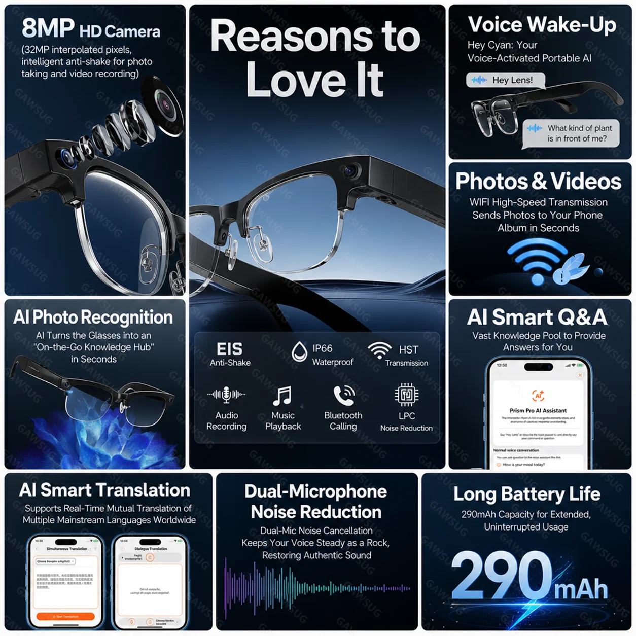 Metal Half-Frame AI Smart Glasses Business 32MP Camera Anti-Shake Video Object Recognition Translation Bluetooth Call 35g Eyewea