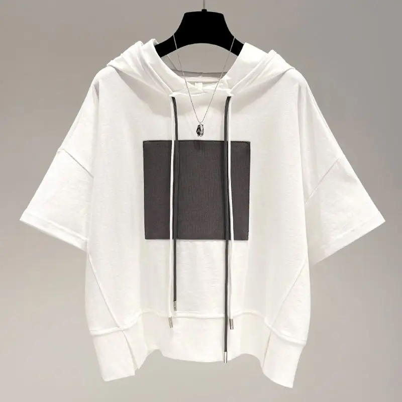 Oversized T Shirts Women Korean Style Casual Drawstring Hooded Short Sleeve T-shirt Summer Loose Fashion Tshirts Harajuku Tops