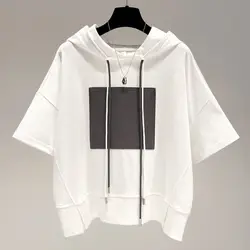 Oversized T Shirts Women Korean Style Casual Drawstring Hooded Short Sleeve T-shirt Summer Loose Fashion Tshirts Harajuku Tops