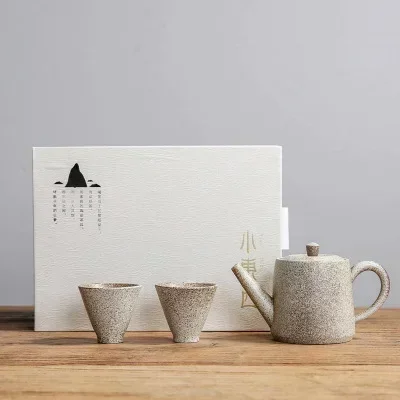 

BespritGift Japanese Teapot Set 1 Pot 2 Cups Travel Gongfu Tea Ceremony Minimalist Ceramic Tea Ware for Home Use Gift Box