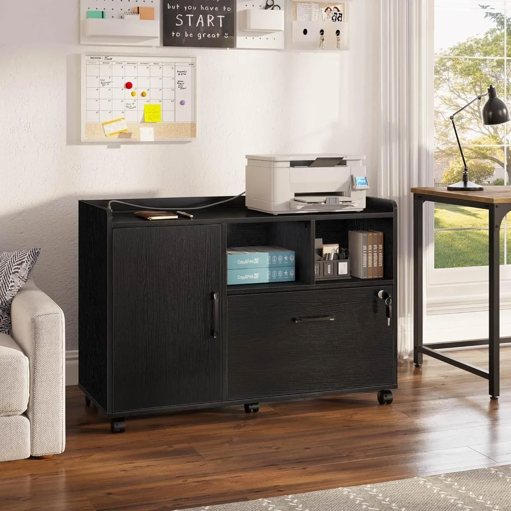 File Cabinet, with Charging Station, Mobile Lateral Filing Cabinets with Locking Drawer, with Open Storage Shelf, File Cabinet