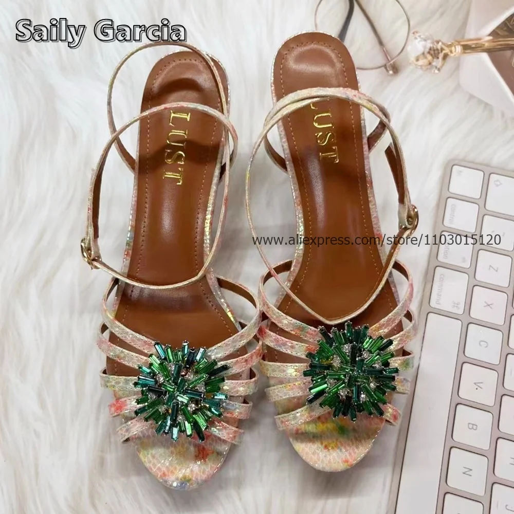 Custom Made Crystal Snowflake Belt Buckle Strap High Heels Laser Fish Scale Insoles Shallow Sandals Open Toe Sexy Party Shoes