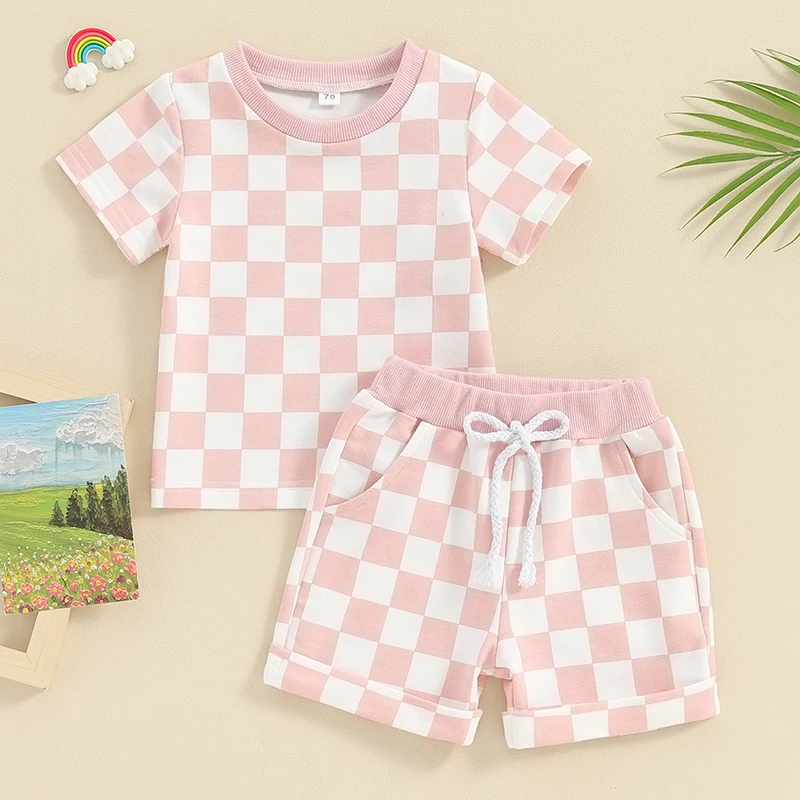 2023-12-19 Lioraitiin 0-3Y Toddler Baby Girl Summer Short Outfit Checkered Plaid Short Sleeve T-shirt Drawstring Shorts Set