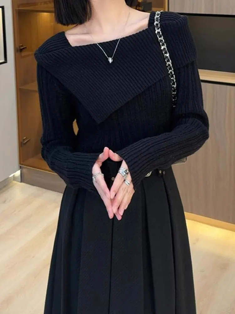 Wygodny sweter z dzianiny w jednolitym kolorze, długi rękaw, asymetryczny krój na jedno ramię, wyszczuplający, nowy, elegancki, do pracy, moda koreańska...