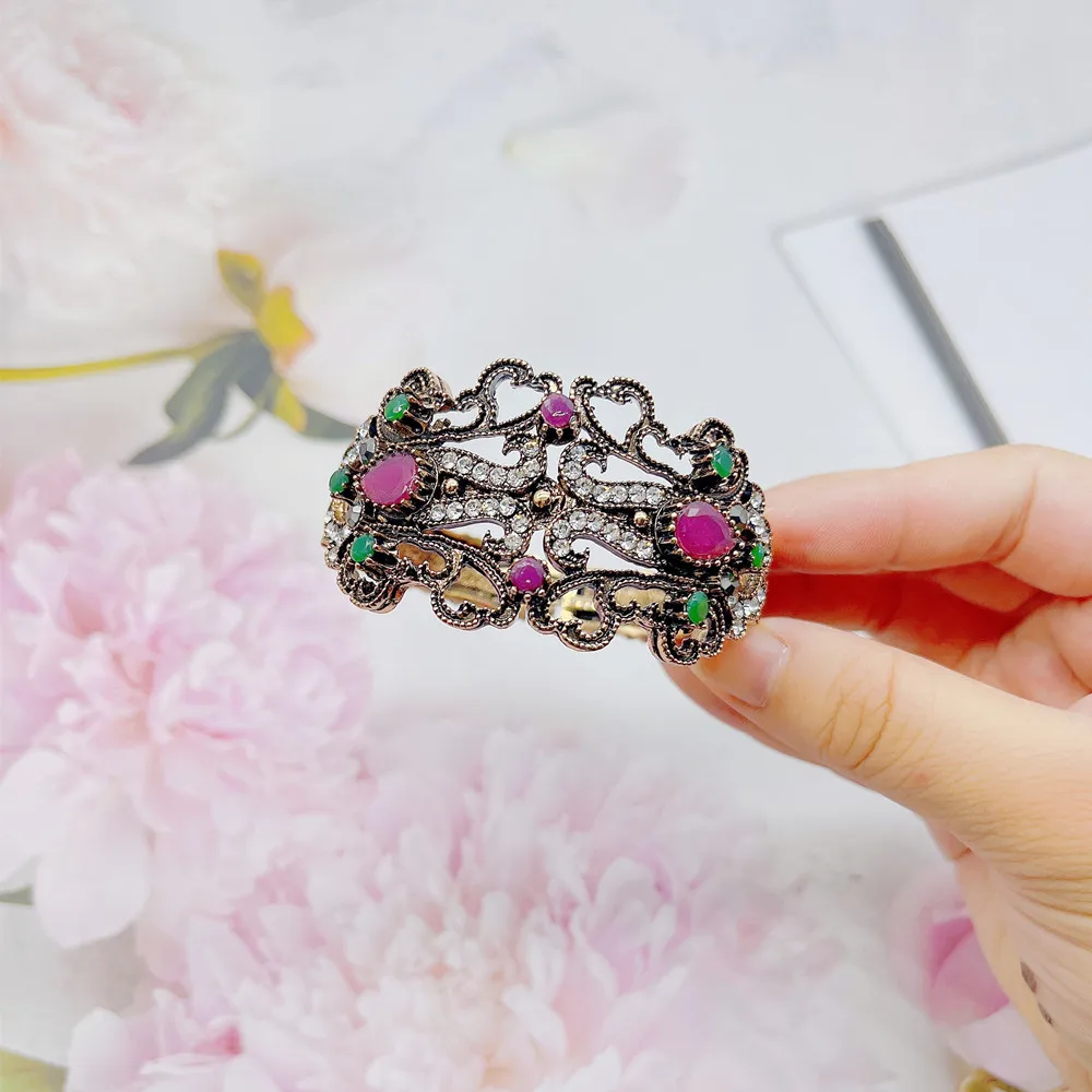 Neovisson Ethnic Women Cuff Bracelet Flower Antique Gold Color Resin Turkish Jewelry Rhinestone Banquet Wedding Wrist Jewelry