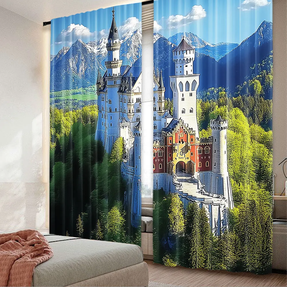 2Pcs Famous Germany Neuschwanstein Castle Curtain Romanesque Revival Palace Scenic Mountain Forest Window Drapes Party