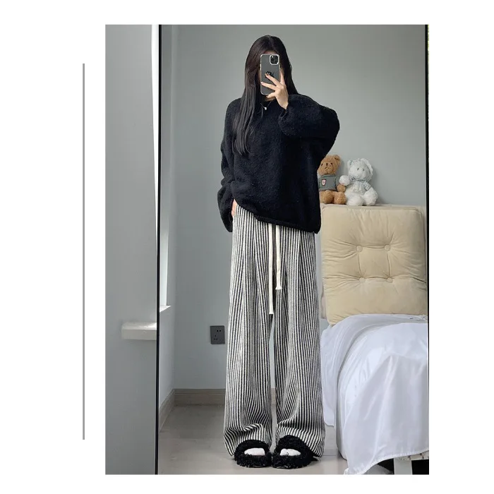 Pantalon Vintage à rayures verticales pour femmes, Harajuku, couleur contrastée, Design Chic, droit, automne, épais, chaud, en laine