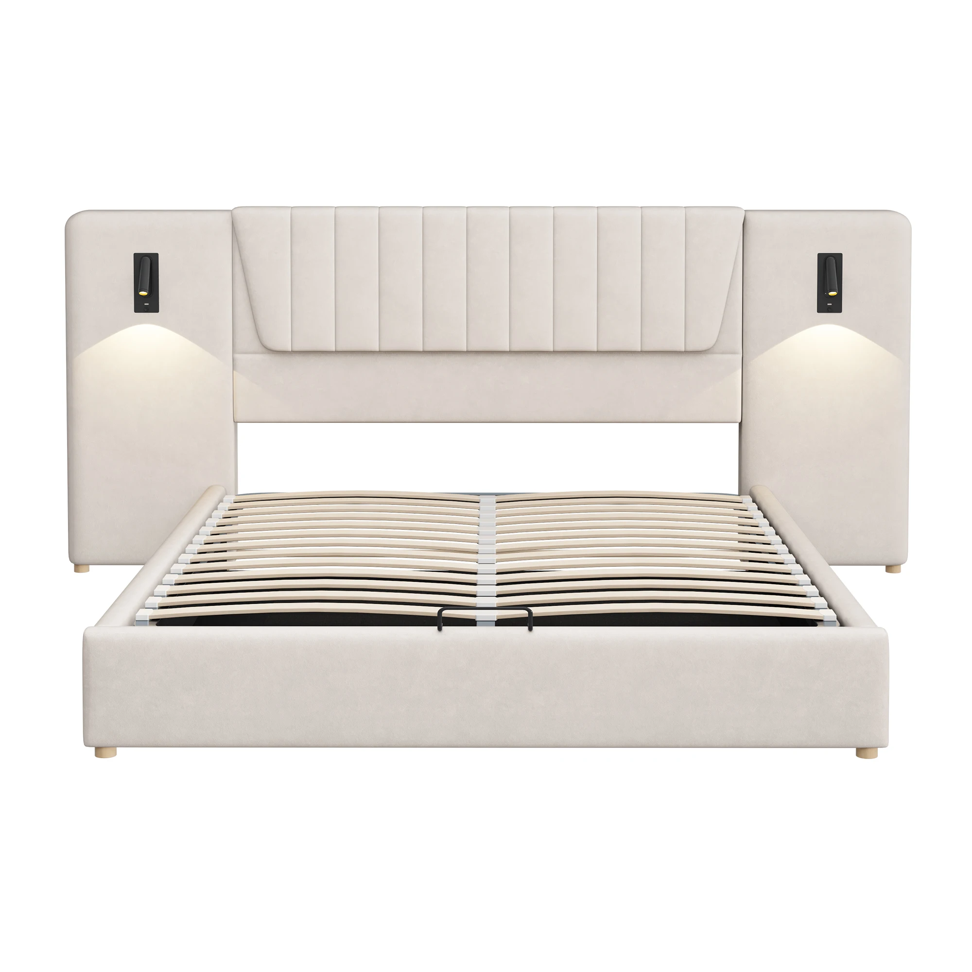 KOMHTOM Tweepersoonsbed 180x200 cm fluwelen stof met verstelbare leeslamp, USB-oplaadpoort en hydraulisch opbergbed