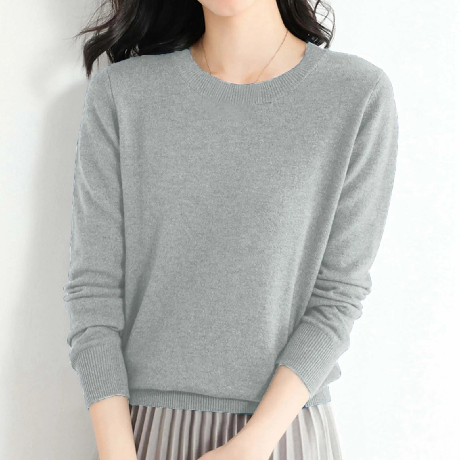 Women Solid Color Low Neck Sweater Round Neck Long Sleeve Loose Bottom Sweater Simple Fashion Pullover Knitted Sweater