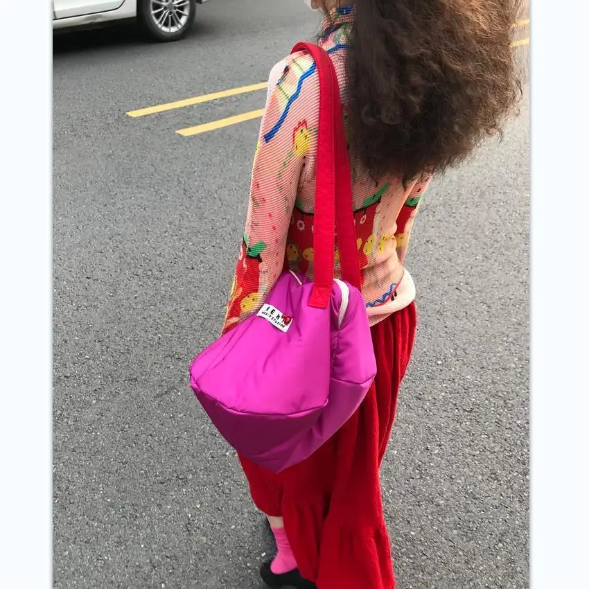 Women Bag New Nylon Bucket Fashion Solid Zipper SOFT Shoulder Bag Purses and Handbags Luxury Designer rose Red Tote Bag