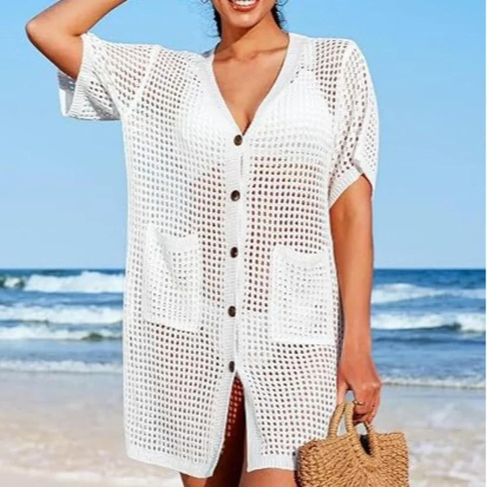 

Beach Shirt Hollow Knitted Short Sleeve Cardigan Seaside Vacation Swimsuit Sunscreen Clothes Women