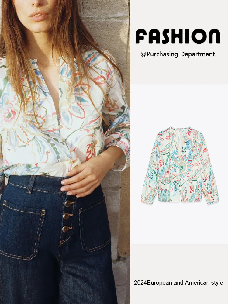

Spring New Arrival Women's Casual Print Faion Silk Long Sve Turn-down Collar irt Commute Sle Regular Length