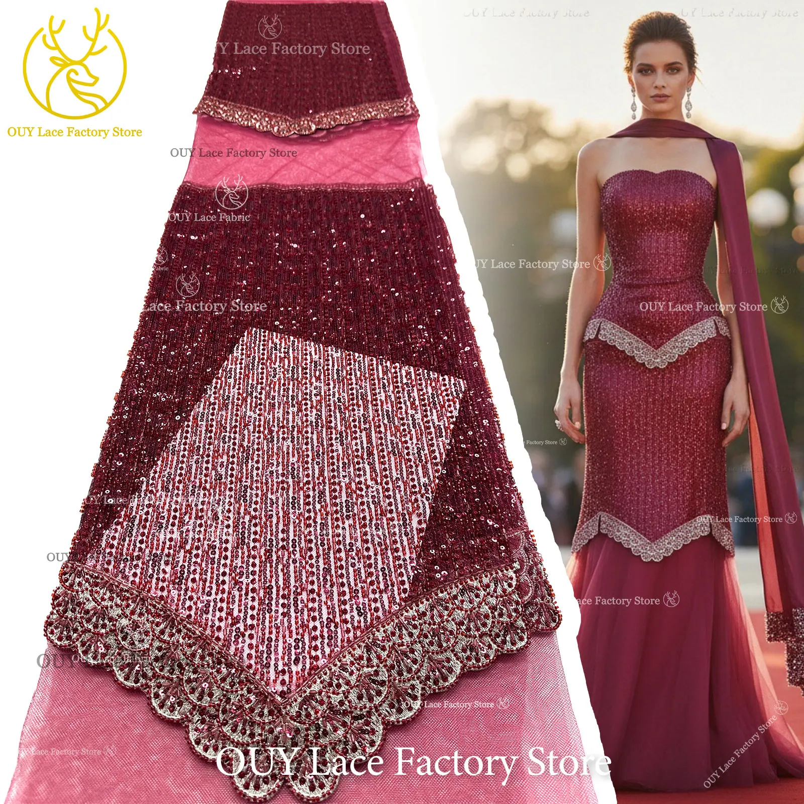 Weinroter 3D Luxus Dubai Stickerei-Spitzenstoff mit Perlen und Pailletten 2026 Afrikanischer Spitzenstoff für Damen Abendkleider und Partykleider zum Nähen – Detail 7
