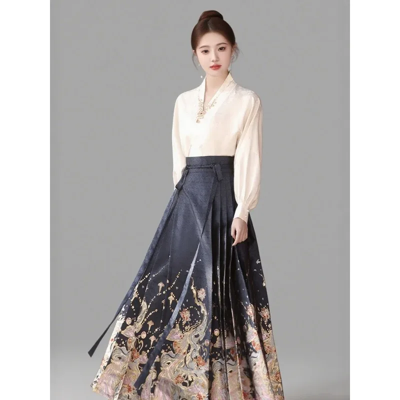 

Plus Size Blue Mamianqun 2PCS Set Improved Chinese Hanfu Spring Daily Wear Costume