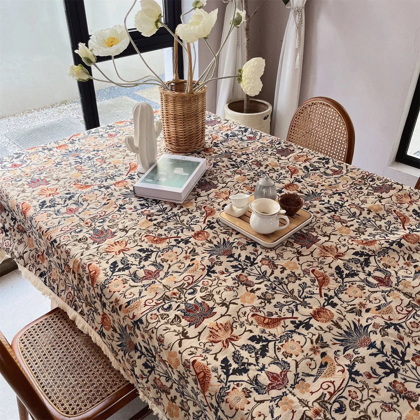 Morris flower and bird tablecloth retro oil painting style decorative cover cloth  round table cloth