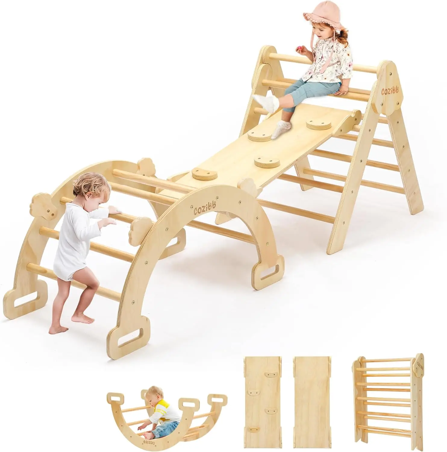 Pikler Triangle Set,Wooden Montessori Climbing Toys Baby Indoor Playground Gym, Foldable Indoor Climbing Toys with Ramp,