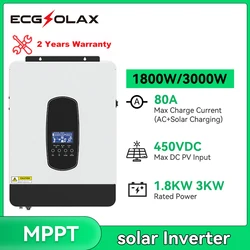 ECGSOLAX 3KW 1.8KW Hybrydowy falownik solarny 12V/24V Inwerter Off Grid Wbudowany kontroler MPPT 80A Czysta fala sinusoidalna Max PV 450VDC